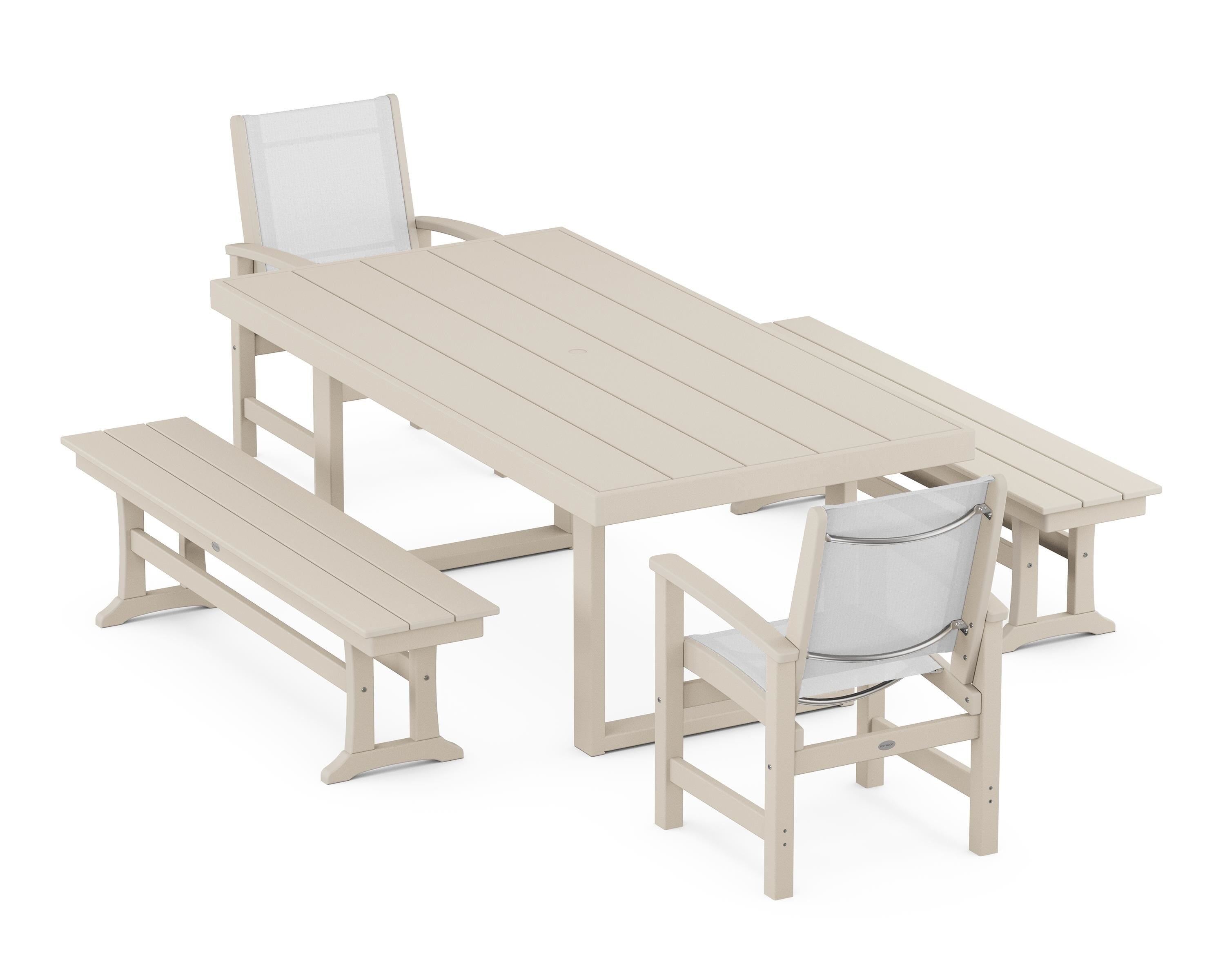 POLYWOOD® Coastal 5-Piece Dining Set with Trestle Legs in Sand / White Sling