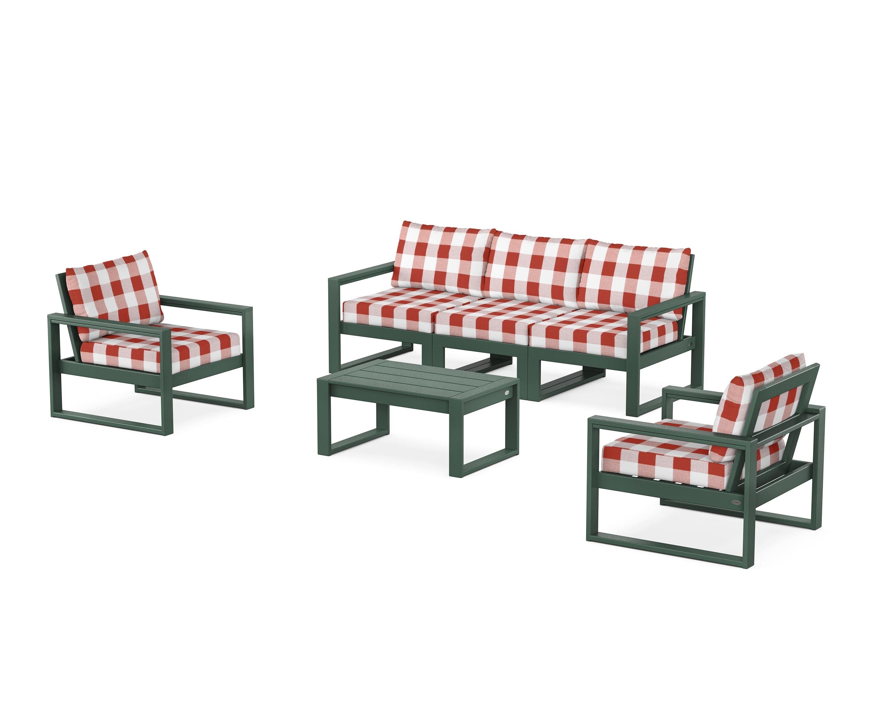 POLYWOOD® EDGE Sectional 4-Piece Deep Seating Set with Sofa in Green / Buffalo Plaid Crimson