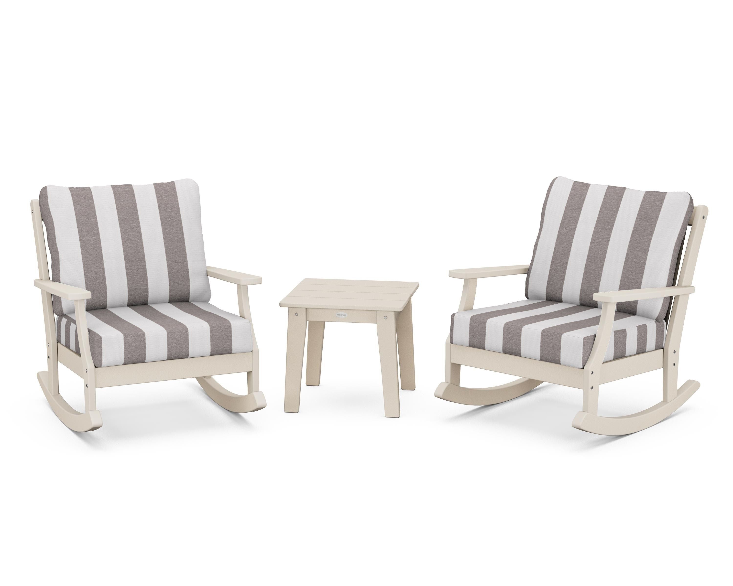 POLYWOOD® Braxton 3-Piece Deep Seating Rocker Set in Sand / Cabana Stripe Grey Mist