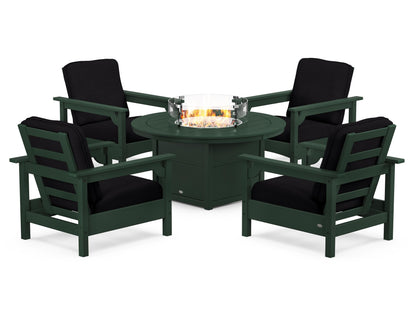 POLYWOOD® Club 5-Piece Conversation Set with Fire Pit Table in Green / Midnight Linen
