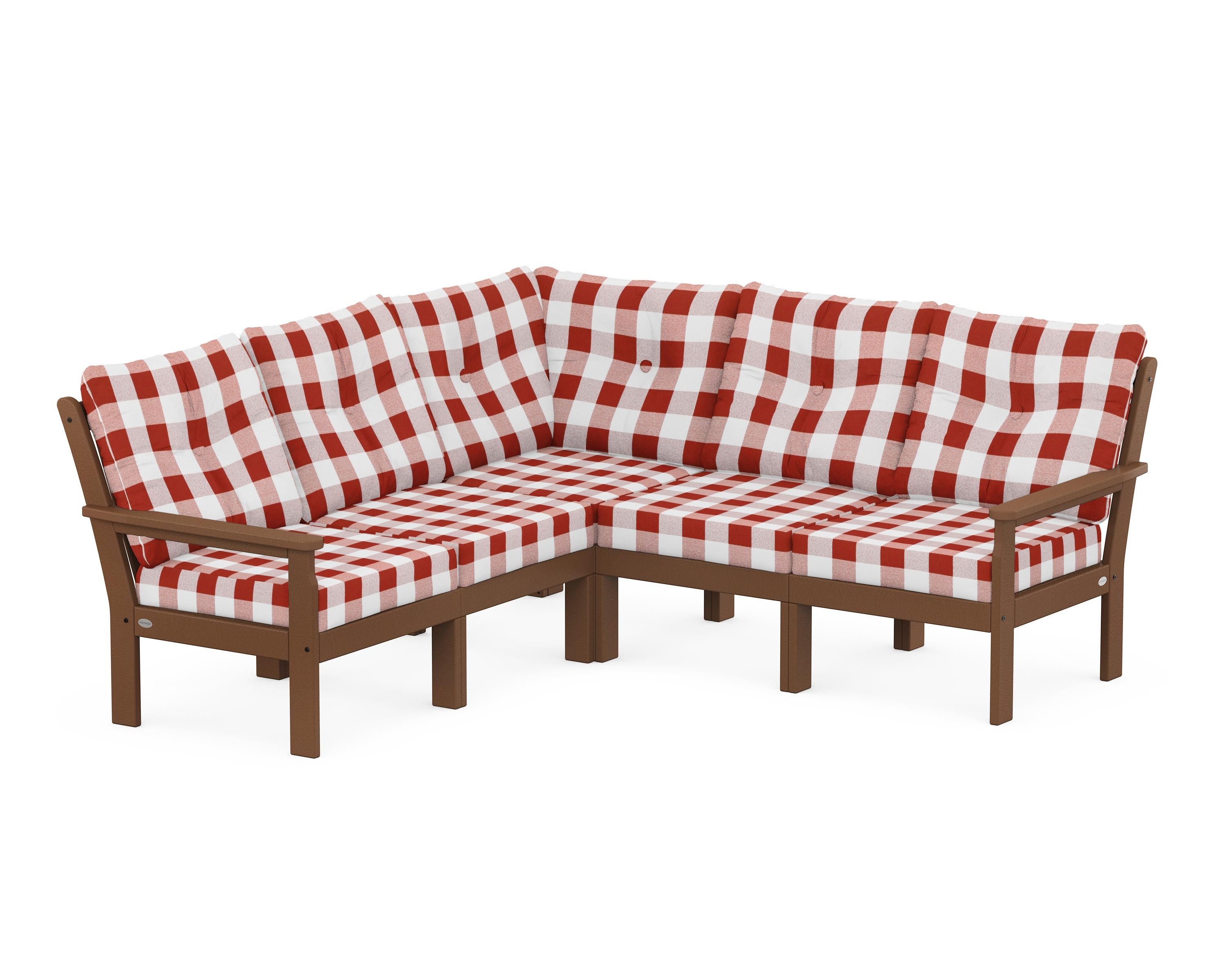 POLYWOOD® Vineyard 5-Piece Sectional in Teak / Buffalo Plaid Crimson