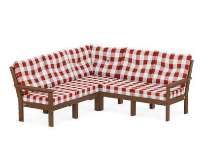 POLYWOOD® Vineyard 5-Piece Sectional in Teak / Buffalo Plaid Crimson