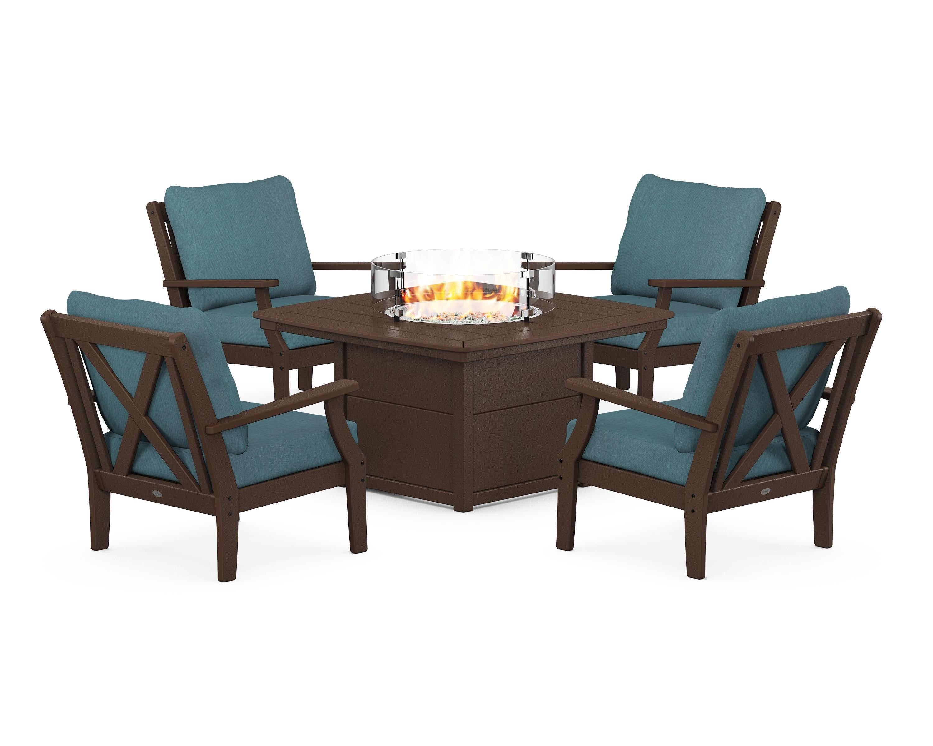 POLYWOOD® Braxton 5-Piece Deep Seating Conversation Set with Fire Pit Table in Mahogany / Ocean Teal