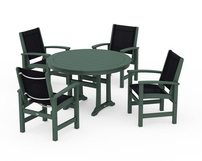POLYWOOD® Coastal 5-Piece Round Dining Set with Trestle Legs in Green / Black Sling