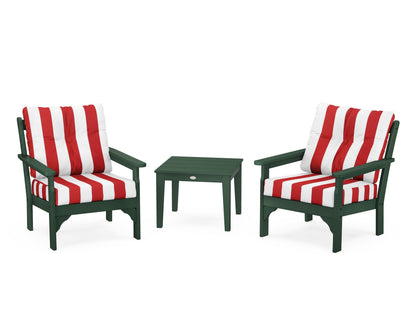 POLYWOOD® Vineyard 3-Piece Deep Seating Set in Green / Cabana Stripe Crimson
