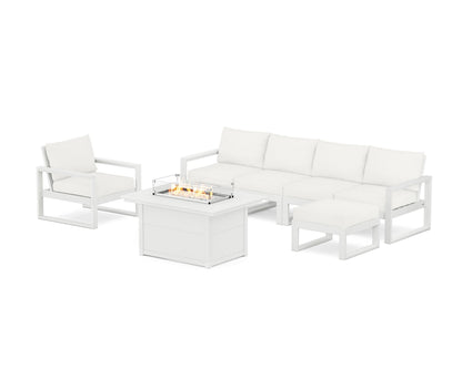 POLYWOOD® EDGE Sectional Lounge and Fire Pit Set in White / Natural Linen