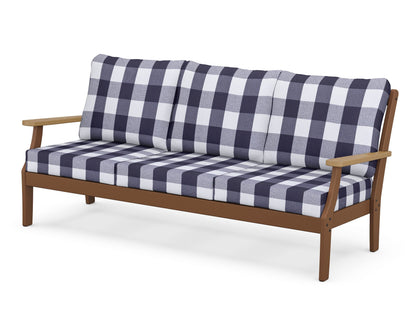 POLYWOOD® Braxton Deep Seating Sofa in Teak / Natural / Buffalo Plaid Navy
