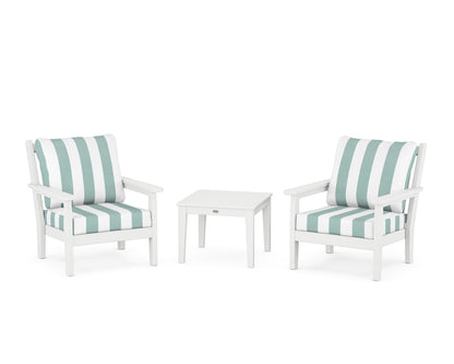 POLYWOOD® Chippendale 3-Piece Deep Seating Set in White / Cabana Stripe Glacier Spa