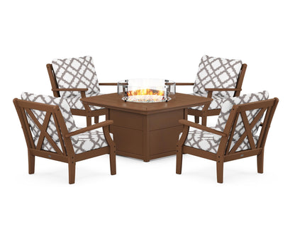 POLYWOOD® Braxton 5-Piece Deep Seating Conversation Set with Fire Pit Table in Teak / Trellis Grey Mist