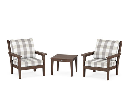 POLYWOOD® Chippendale 3-Piece Deep Seating Set in Mahogany / Buffalo Plaid Grey Mist