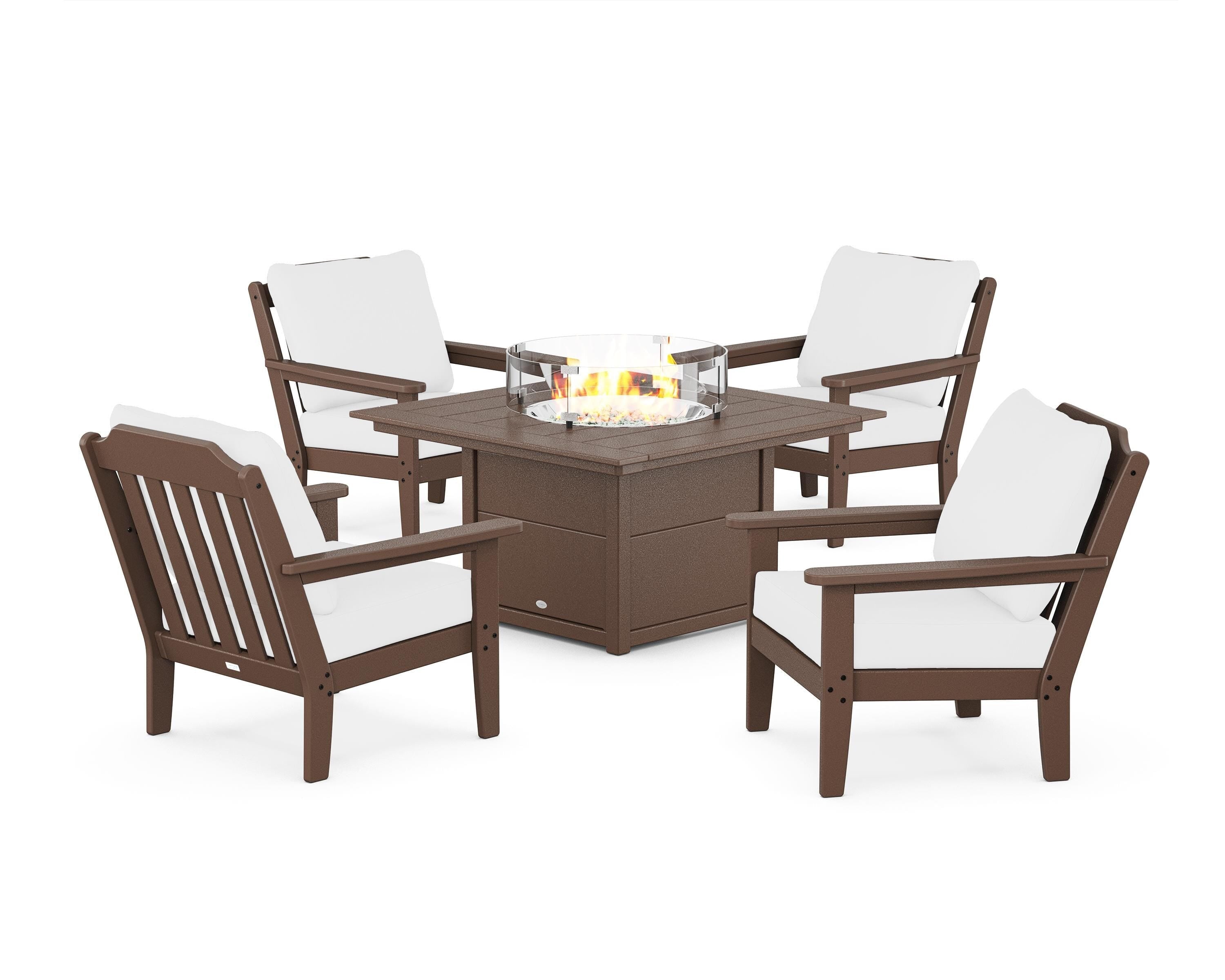Country Living Cottage 5-Piece Deep Seating Set with Fire Pit Table in Mahogany / Natural