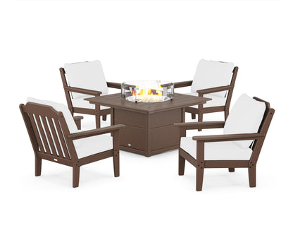 Country Living Cottage 5-Piece Deep Seating Set with Fire Pit Table in Mahogany / Natural
