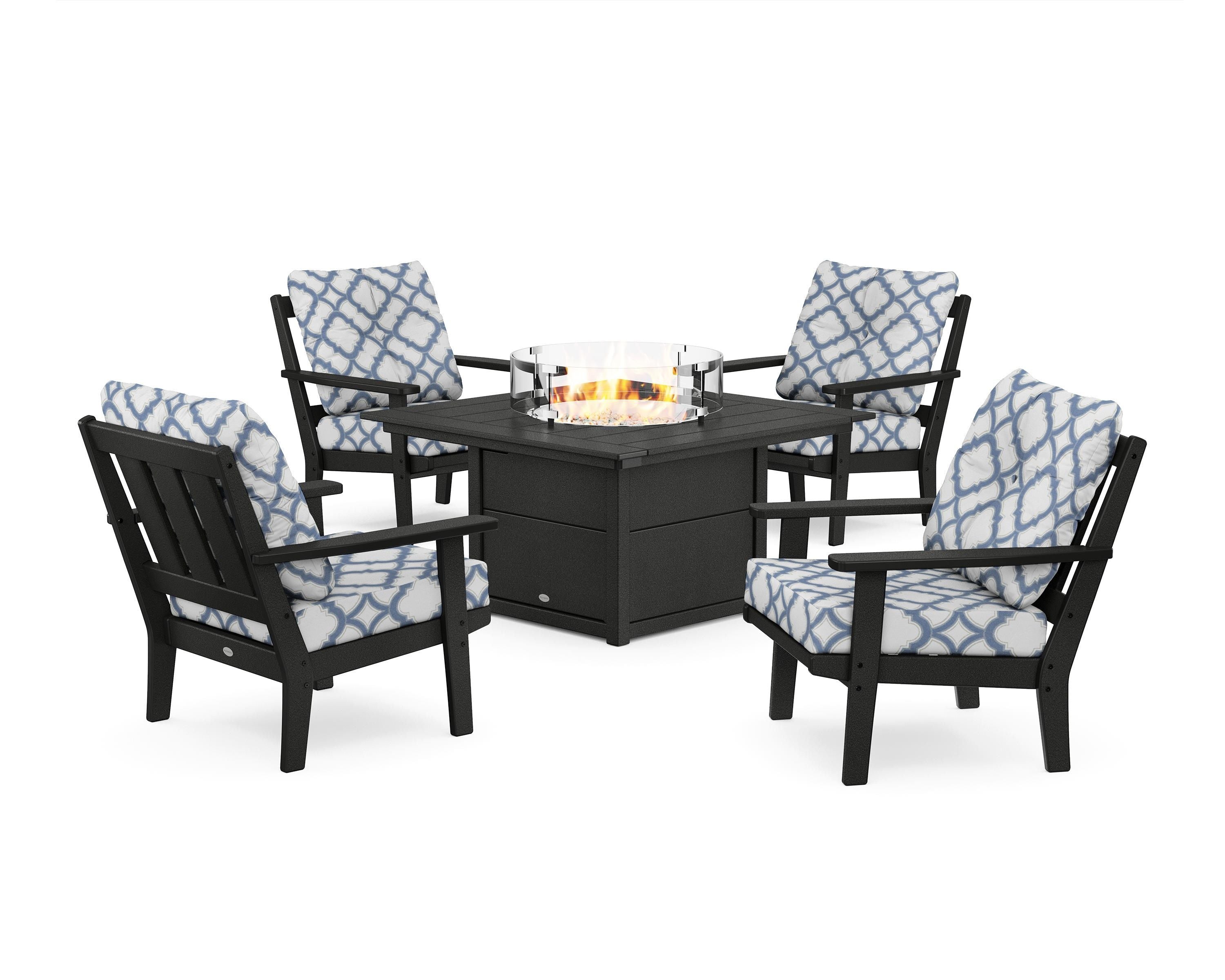 POLYWOOD® Oxford 5-Piece Deep Seating Set with Fire Pit Table in Black / Trellis Sky Blue