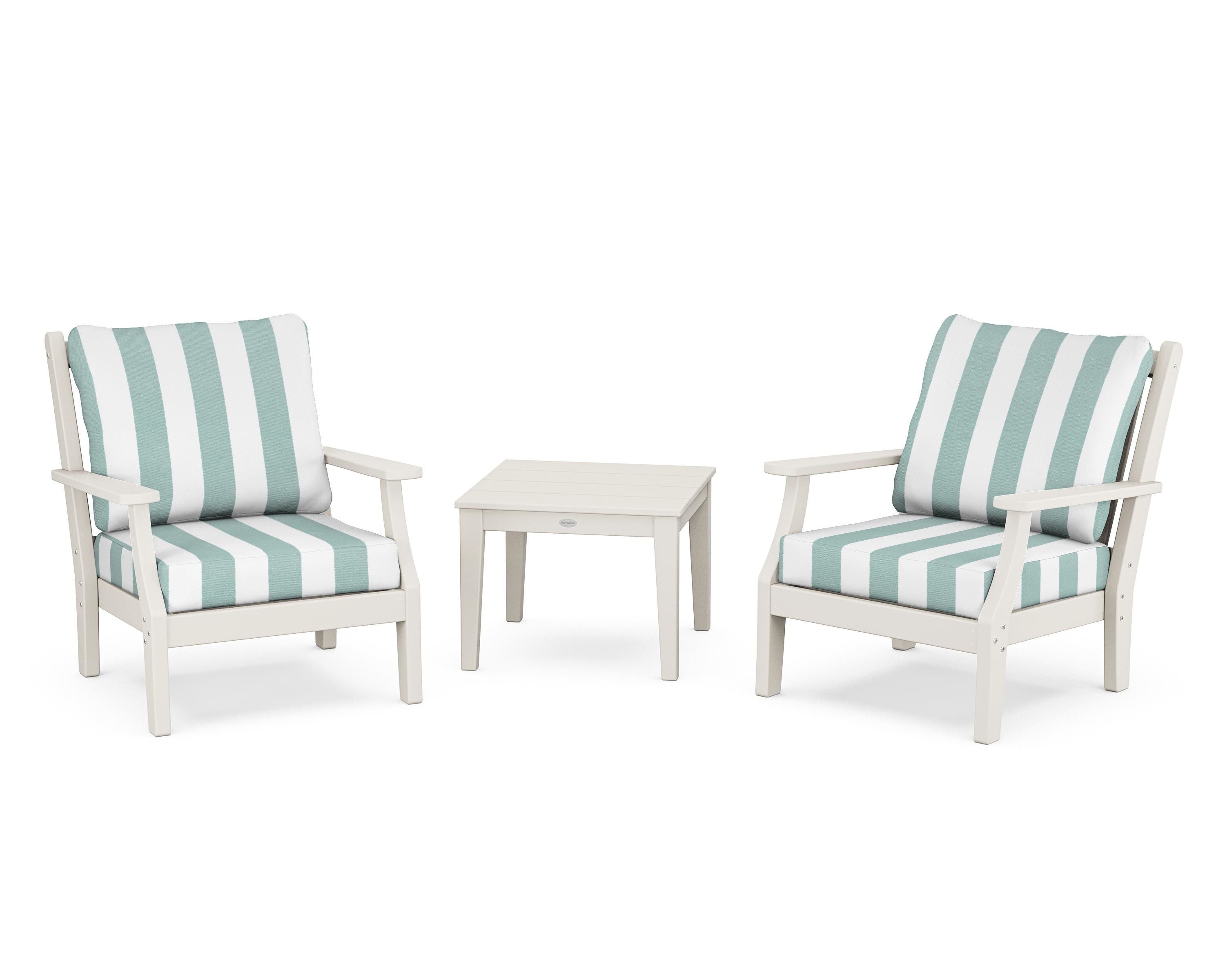 Country Living Wovendale 3-Piece Deep Seating Set in Sand / Cabana Stripe Glacier Spa