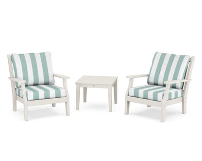 Country Living Wovendale 3-Piece Deep Seating Set in Sand / Cabana Stripe Glacier Spa