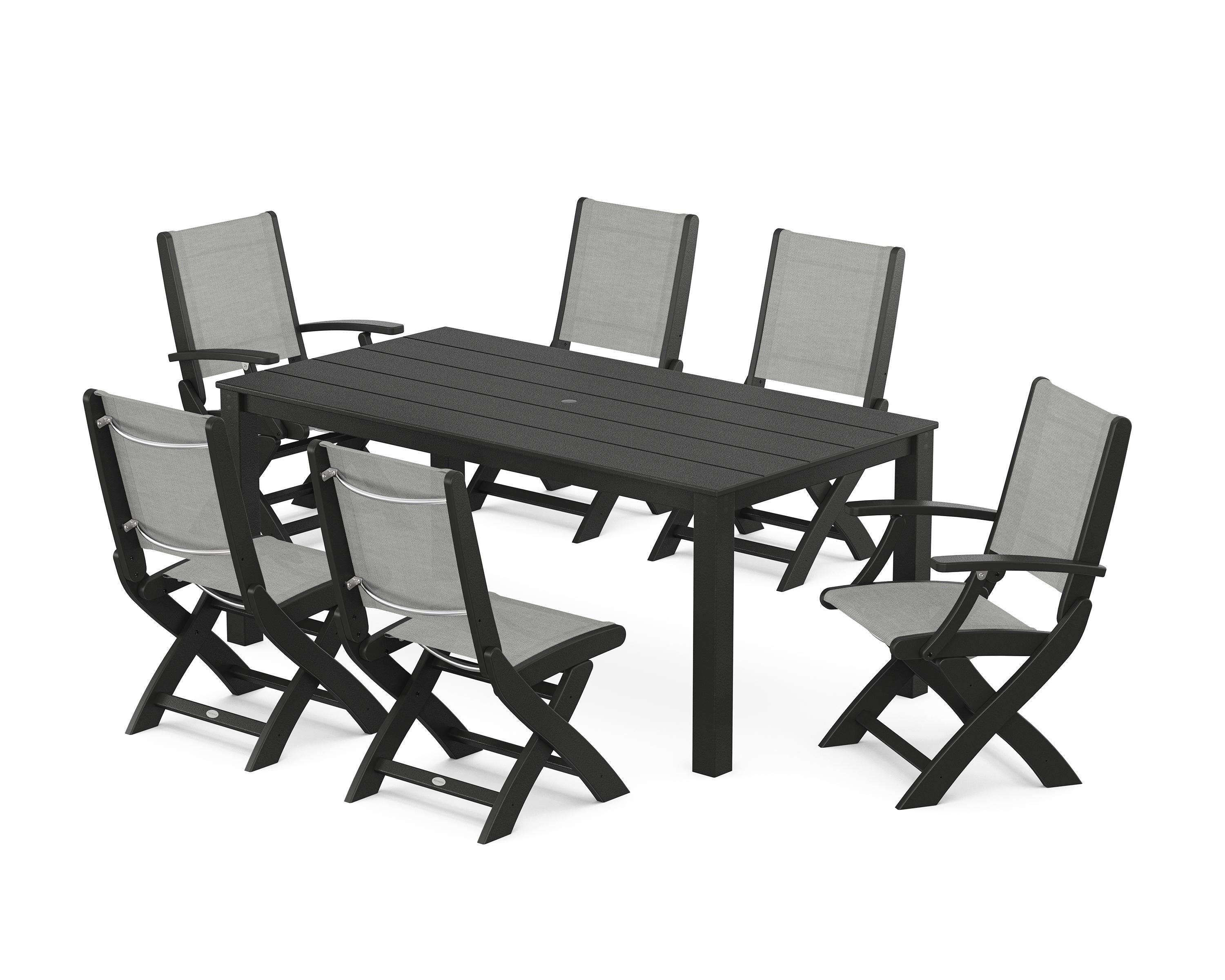 POLYWOOD® Coastal Folding Chair 7-Piece Parsons Dining Set in Black / Metallic Sling