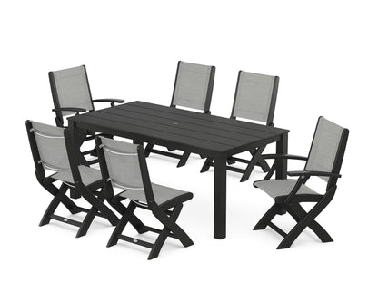 POLYWOOD® Coastal Folding Chair 7-Piece Parsons Dining Set in Black / Metallic Sling