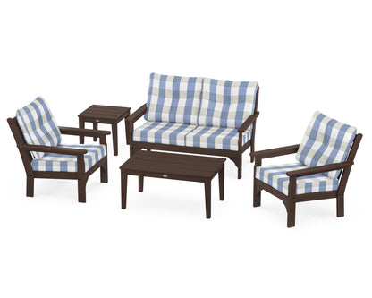 POLYWOOD® Vineyard 5-Piece Deep Seating Set in Mahogany / Buffalo Plaid Sky Blue