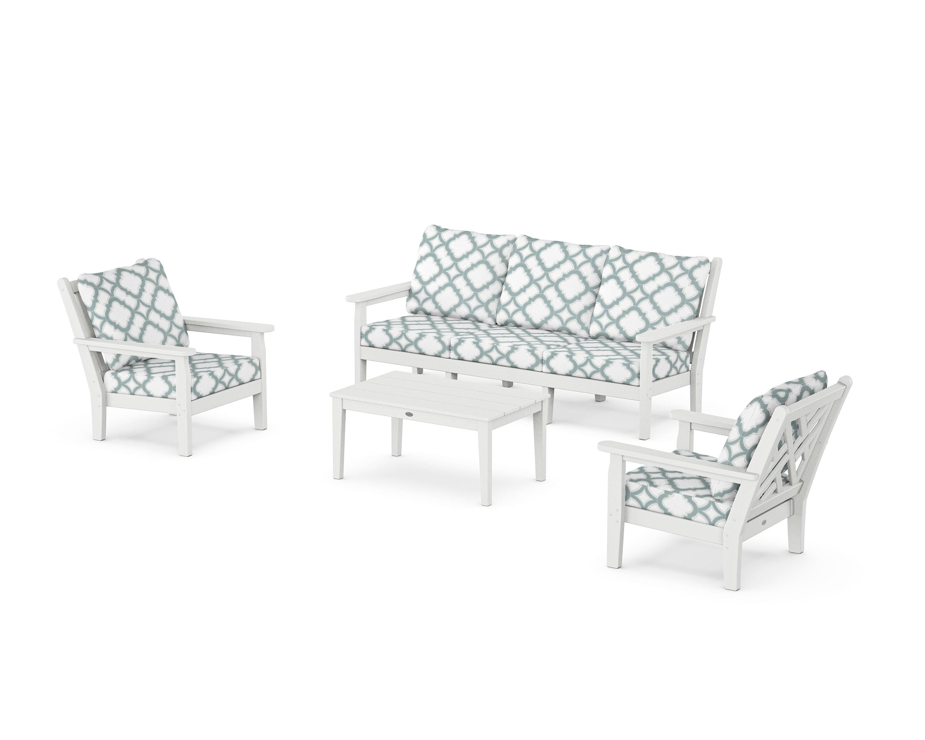 POLYWOOD® Chippendale 4-Piece Deep Seating Set with Sofa in White / Trellis Glacier Spa