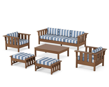 Martha Stewart by POLYWOOD® Acadia 6-Piece Lounge Sofa Set in Teak / Cabana Stripe Sky Blue