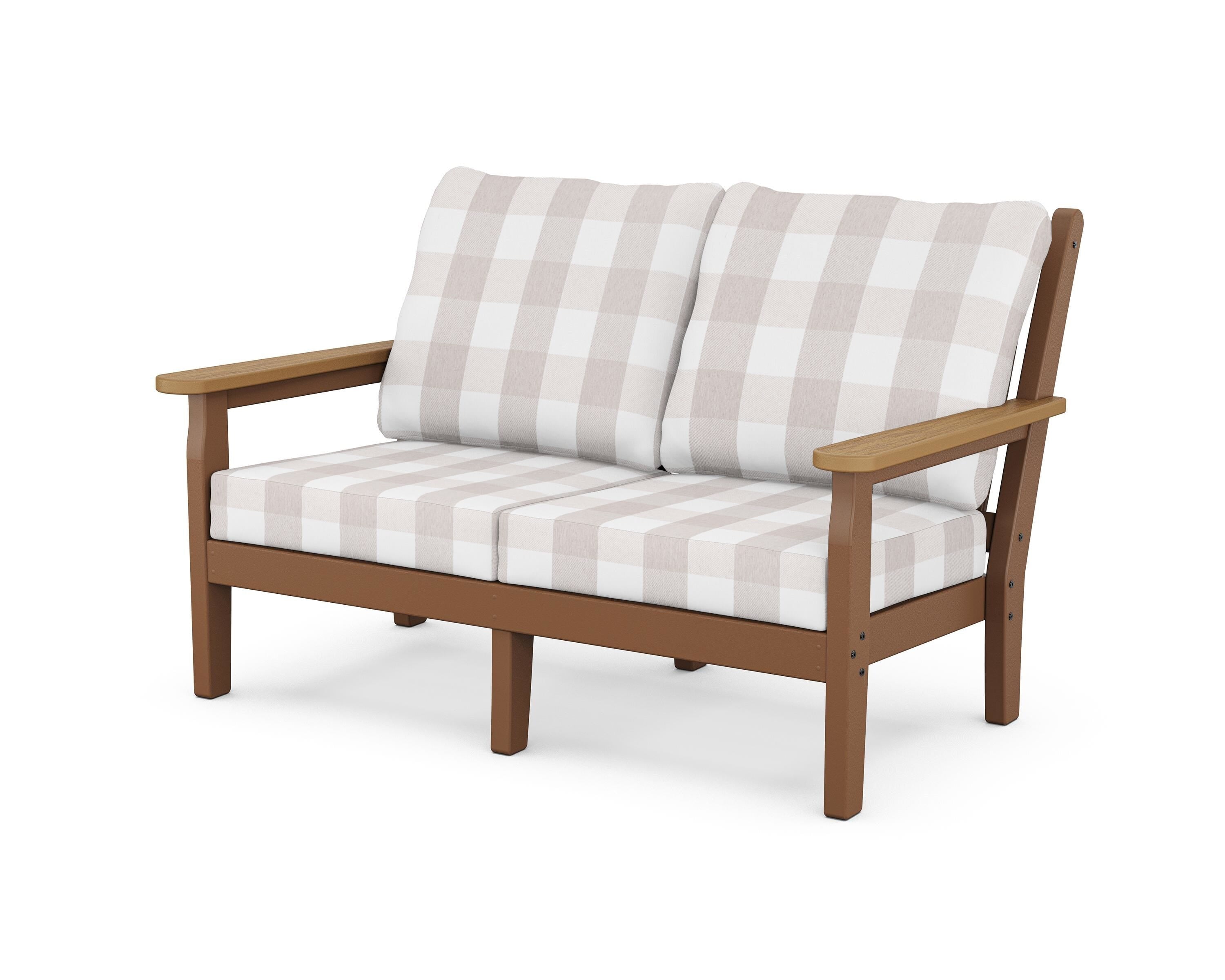 POLYWOOD® Chippendale Deep Seating Loveseat in Teak / Natural / Buffalo Plaid Dune Burlap