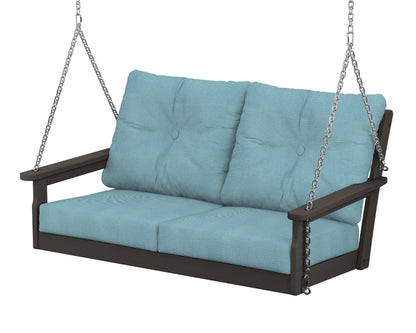 POLYWOOD® Vineyard Deep Seating Swing in Vintage Coffee / Lattice Sky Blue