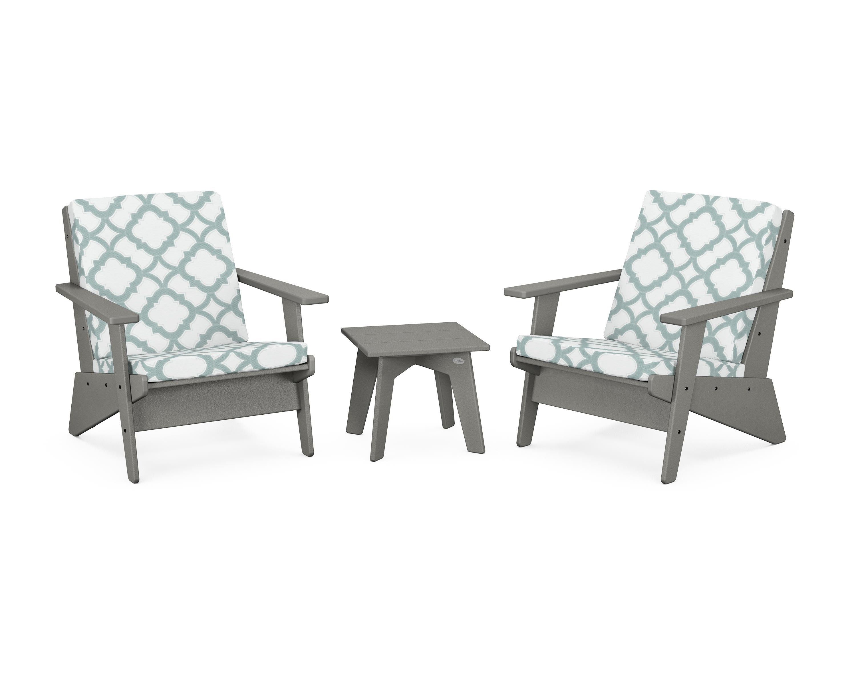 POLYWOOD® Riviera Modern Lounge 3-Piece Set in Slate Grey / Trellis Glacier Spa
