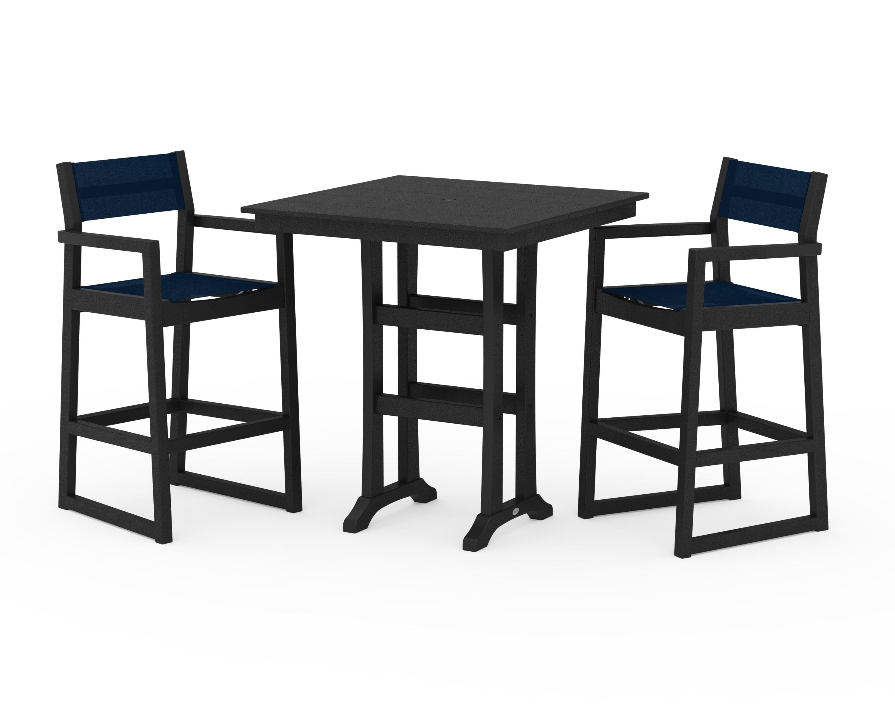 POLYWOOD® EDGE Sling Arm Chair 3-Piece Farmhouse Bar Set with Trestle Legs in Black / Navy Blue Sling