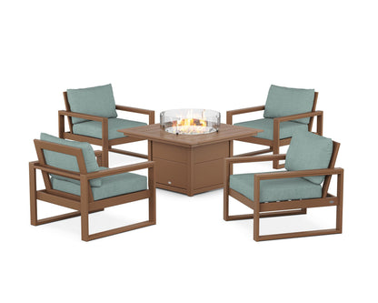 POLYWOOD® EDGE Sectional 5-Piece Deep Seating Set with Fire Pit Table in Teak / Glacier Spa