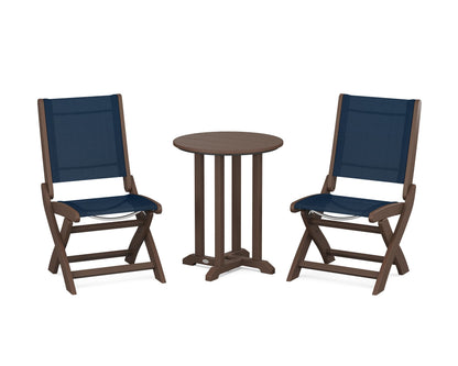 POLYWOOD® Coastal Folding Side Chair 3-Piece Round Bistro Dining Set in Mahogany / Navy Blue Sling