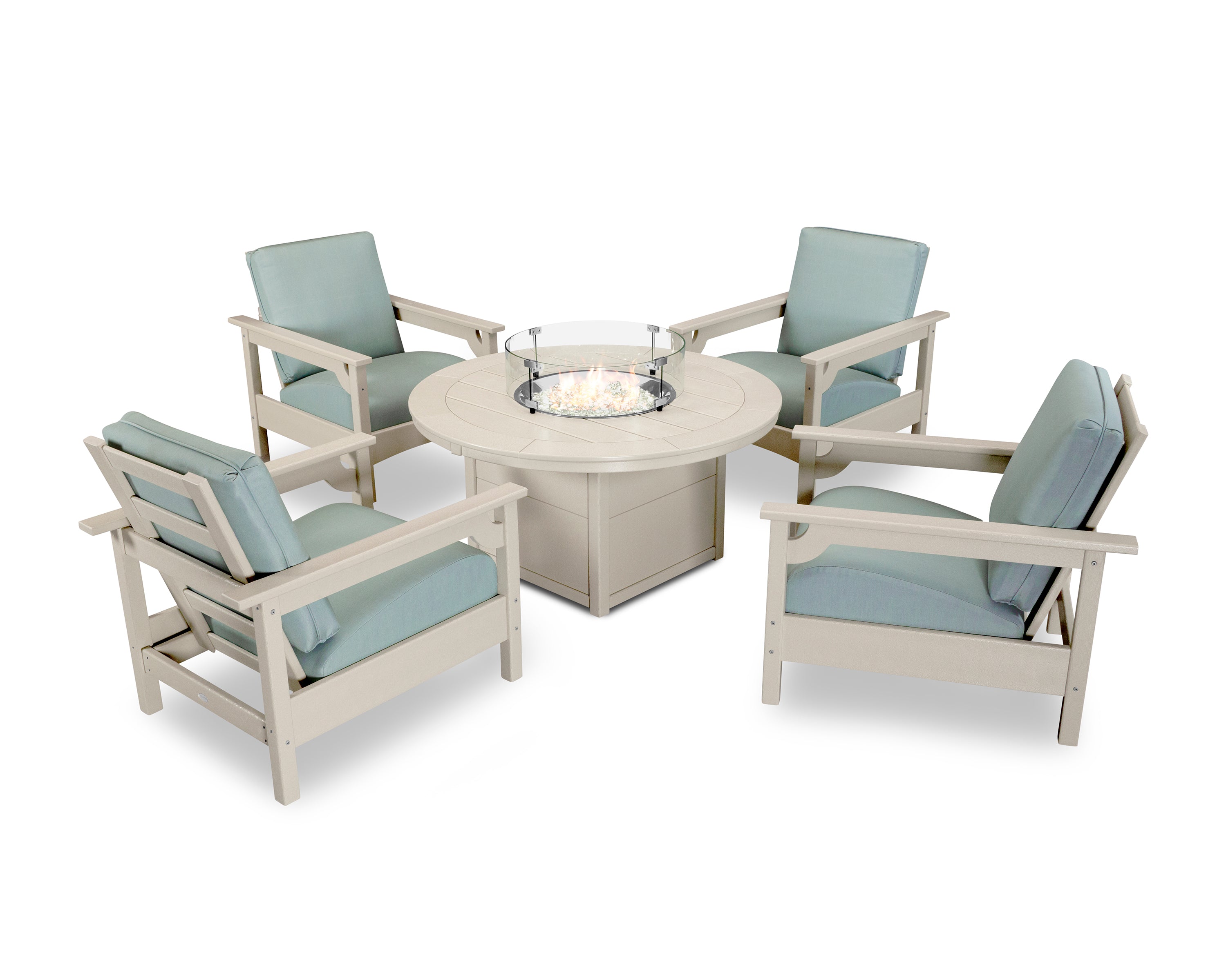 POLYWOOD® Club 5-Piece Conversation Set with Fire Pit Table in Sand / Spa
