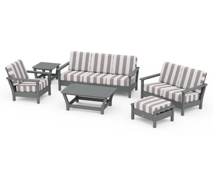 POLYWOOD® Harbour 6-Piece Outdoor Living Set in Slate Grey / Cabana Stripe Grey Mist