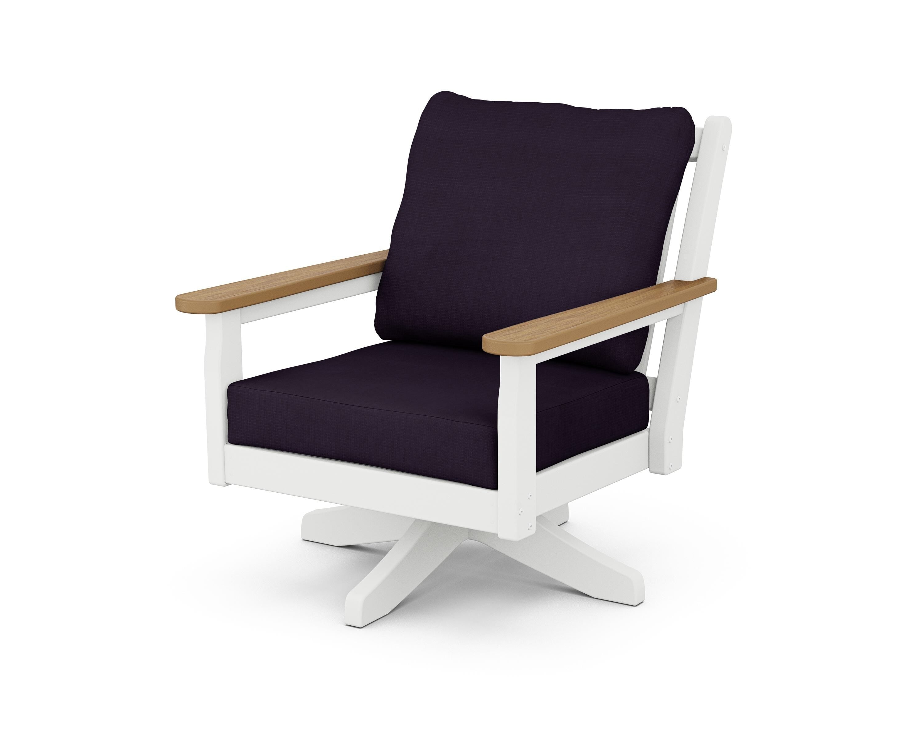 POLYWOOD® Chippendale Deep Seating Swivel Chair in White / Natural / Navy Linen