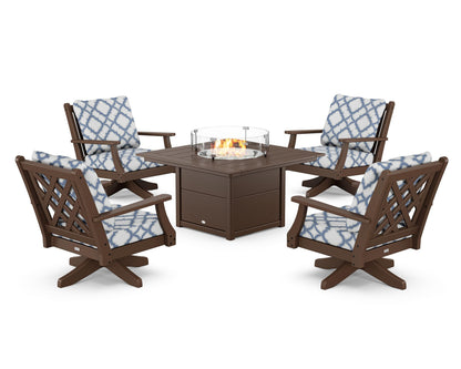 Country Living Wovendale 5-Piece Deep Seating Swivel Conversation Set with Fire Pit Table in Mahogany / Trellis Sky Blue