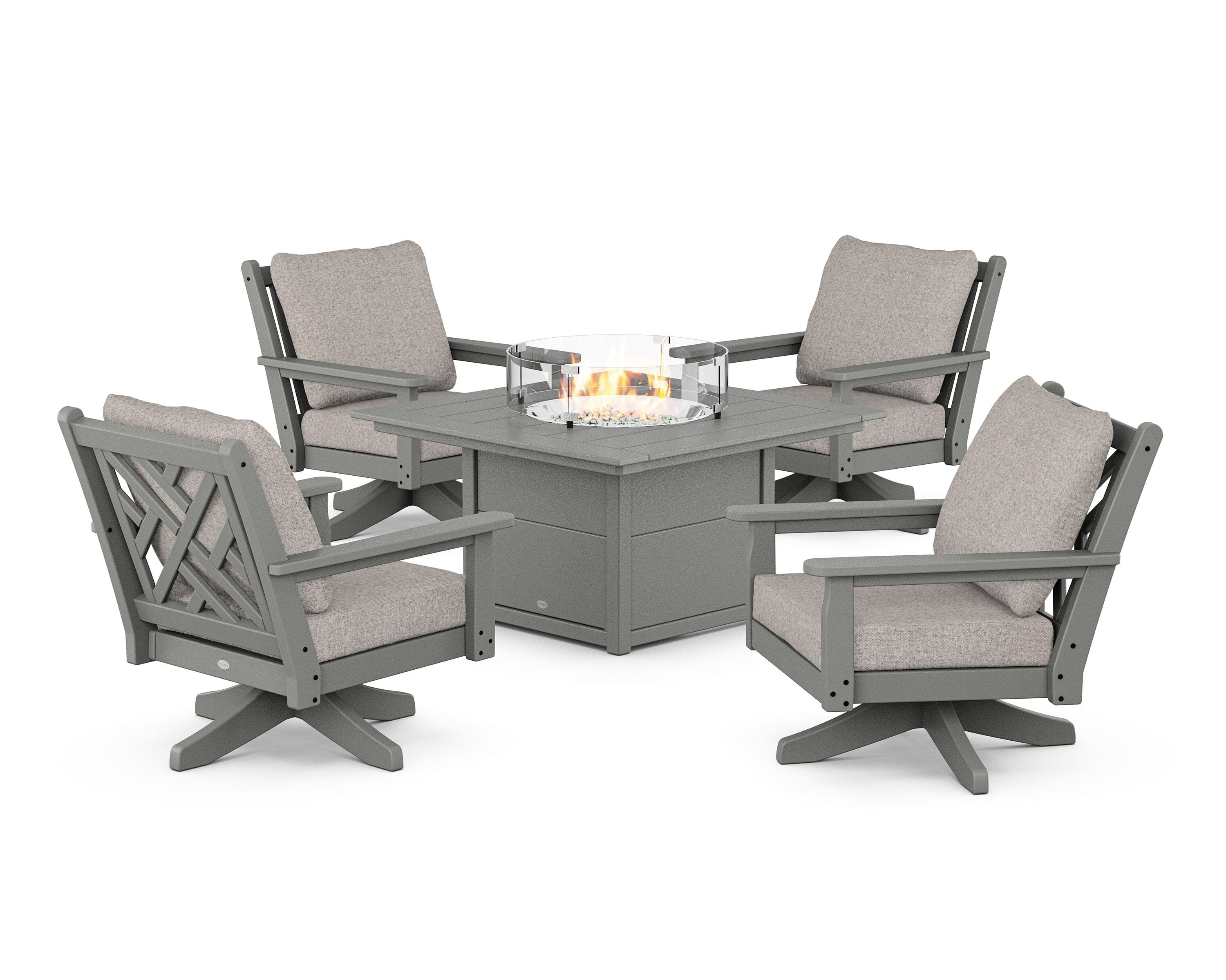 POLYWOOD® Chippendale 5-Piece Deep Seating Swivel Conversation Set with Fire Pit Table in Slate Grey / Weathered Tweed