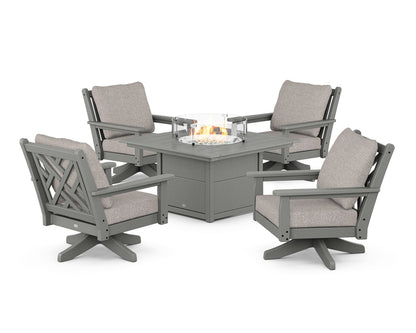 POLYWOOD® Chippendale 5-Piece Deep Seating Swivel Conversation Set with Fire Pit Table in Slate Grey / Weathered Tweed