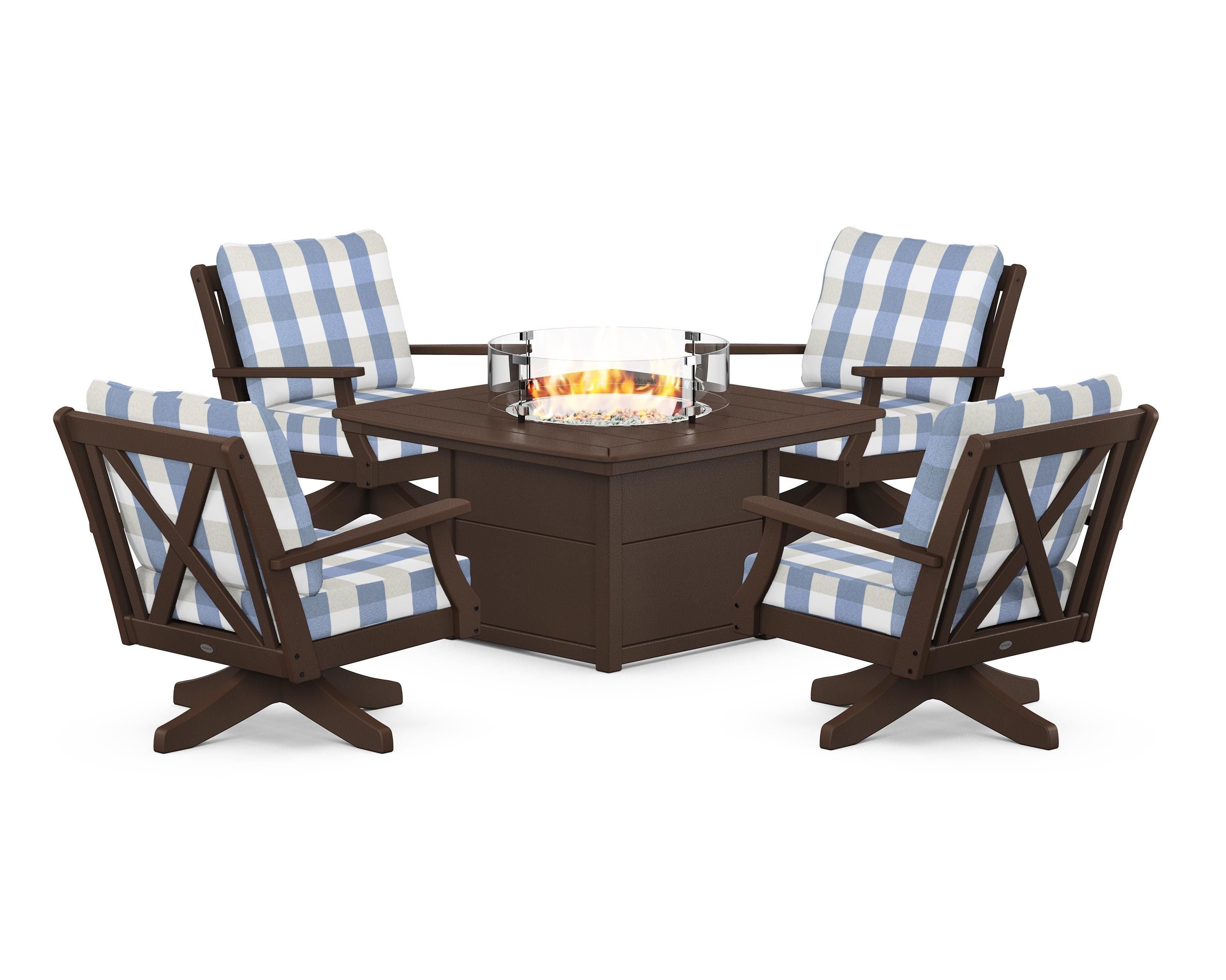 POLYWOOD® Braxton 5-Piece Deep Seating Swivel Conversation Set with Fire Pit Table in Mahogany / Buffalo Plaid Sky Blue