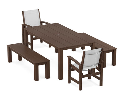 POLYWOOD® Coastal 5-Piece Parsons Dining Set with Benches in Mahogany / White Sling
