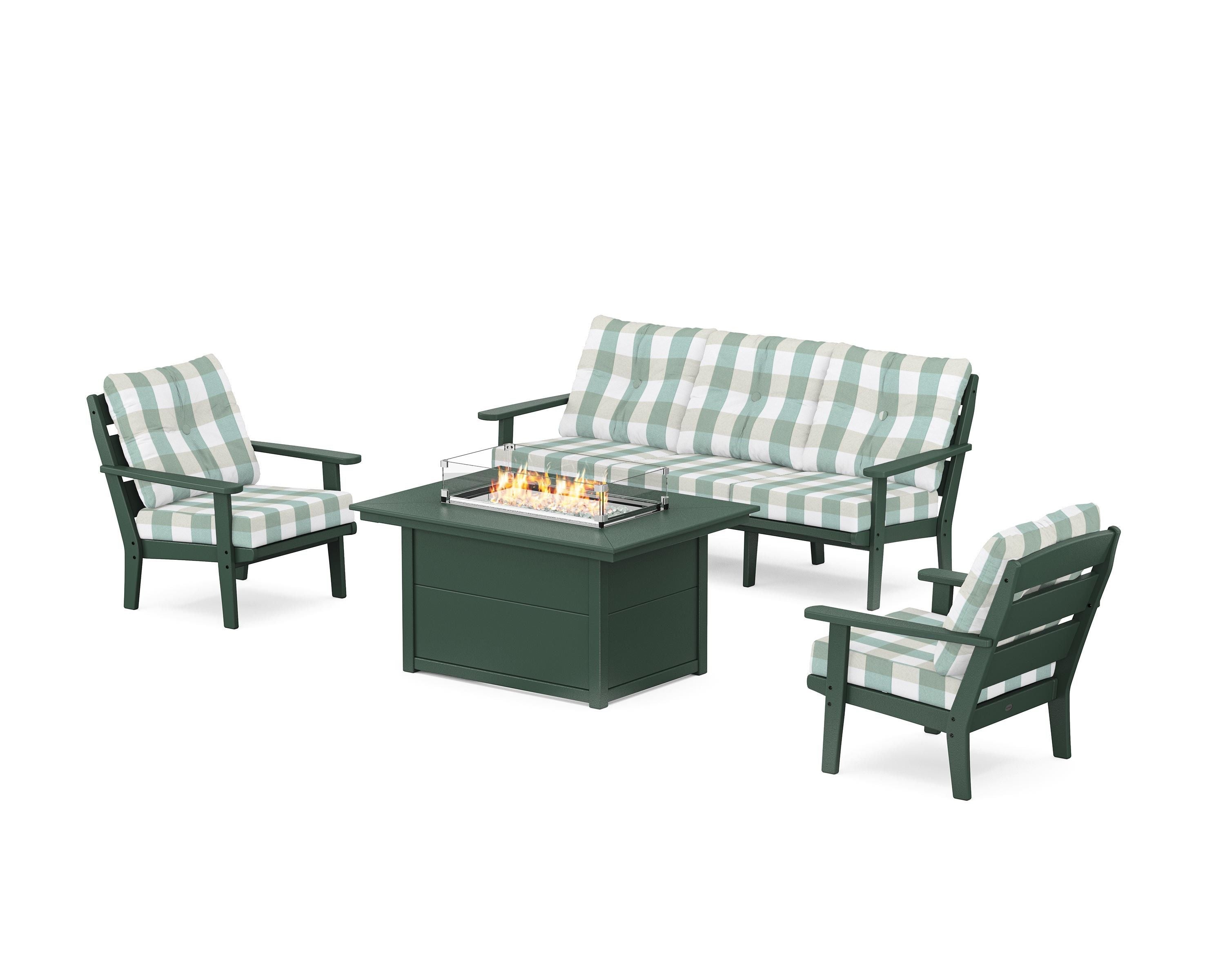 POLYWOOD® Lakeside Deep Seating Fire Pit Table Set in Green / Buffalo Plaid Glacier Spa
