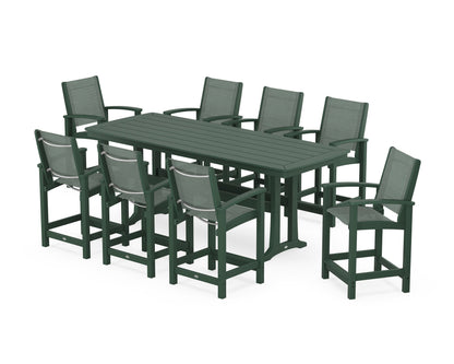 POLYWOOD® Coastal 9-Piece Counter Set with Trestle Legs in Green / Dupioni Sea Mist Sling