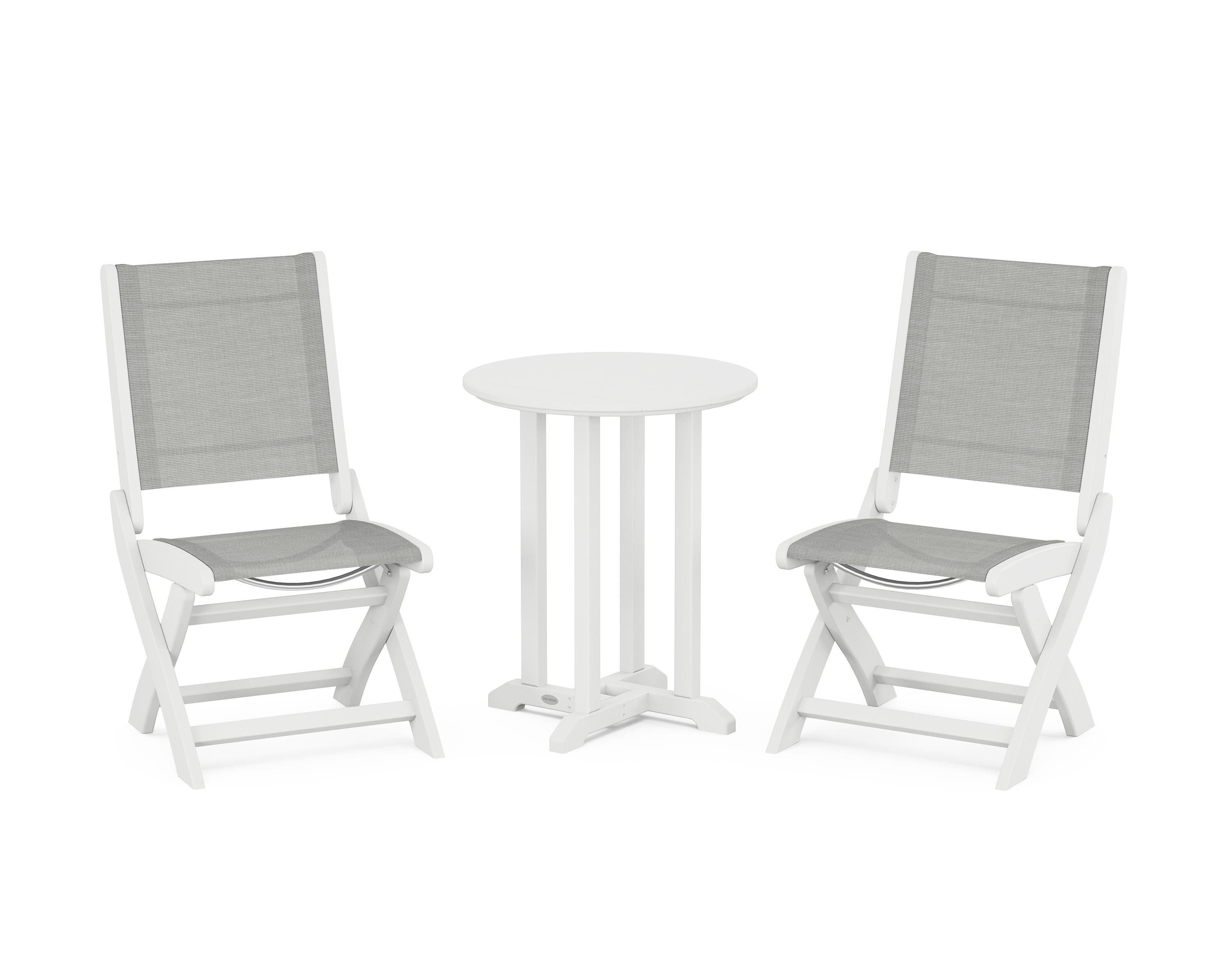 POLYWOOD® Coastal Folding Side Chair 3-Piece Round Bistro Dining Set in White / Metallic Sling