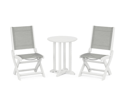 POLYWOOD® Coastal Folding Side Chair 3-Piece Round Bistro Dining Set in White / Metallic Sling