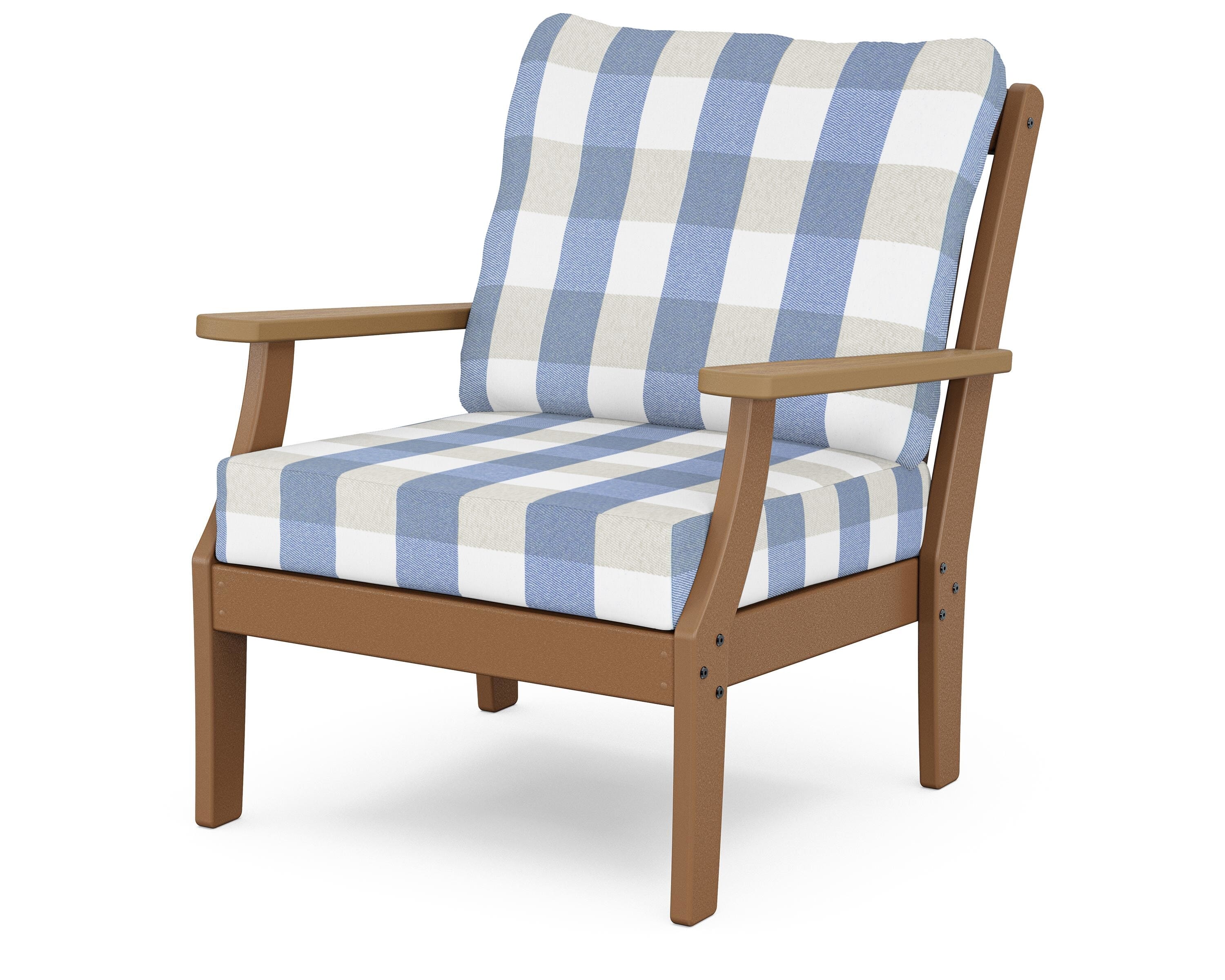 POLYWOOD® Braxton Deep Seating Chair in Teak / Natural / Buffalo Plaid Sky Blue