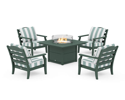 Draper James™ by  POLYWOOD® Savannah 5-Piece Deep Seating Set with Fire Pit Table in Green / Cabana Stripe Glacier Spa