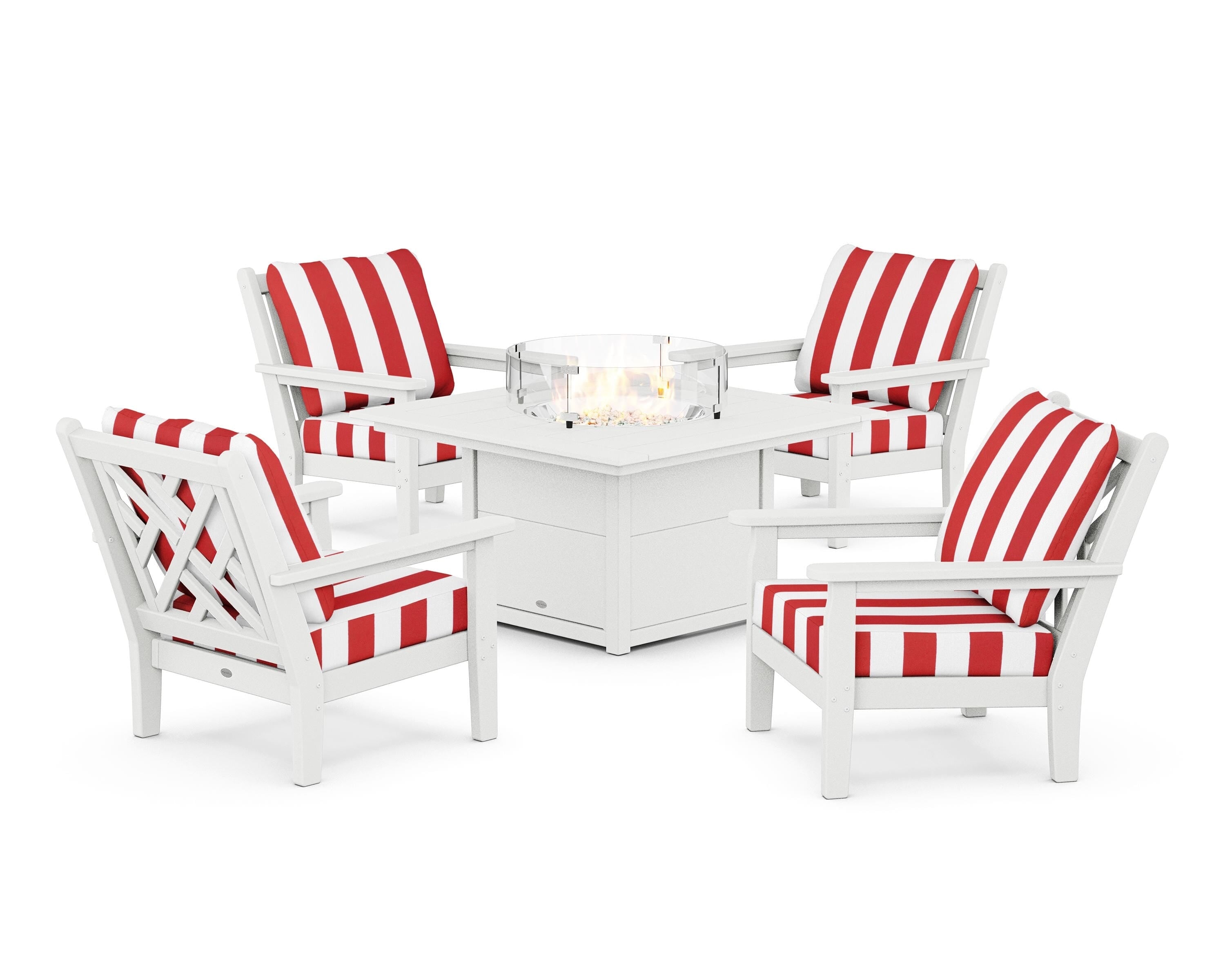 POLYWOOD® Chippendale 5-Piece Deep Seating Set with Fire Pit Table in White / Cabana Stripe Crimson