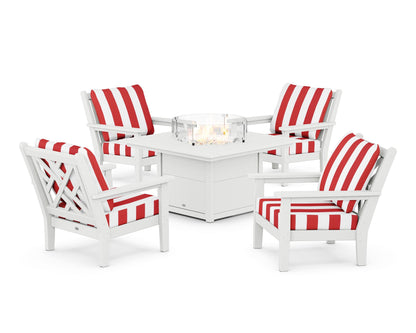 POLYWOOD® Chippendale 5-Piece Deep Seating Set with Fire Pit Table in White / Cabana Stripe Crimson