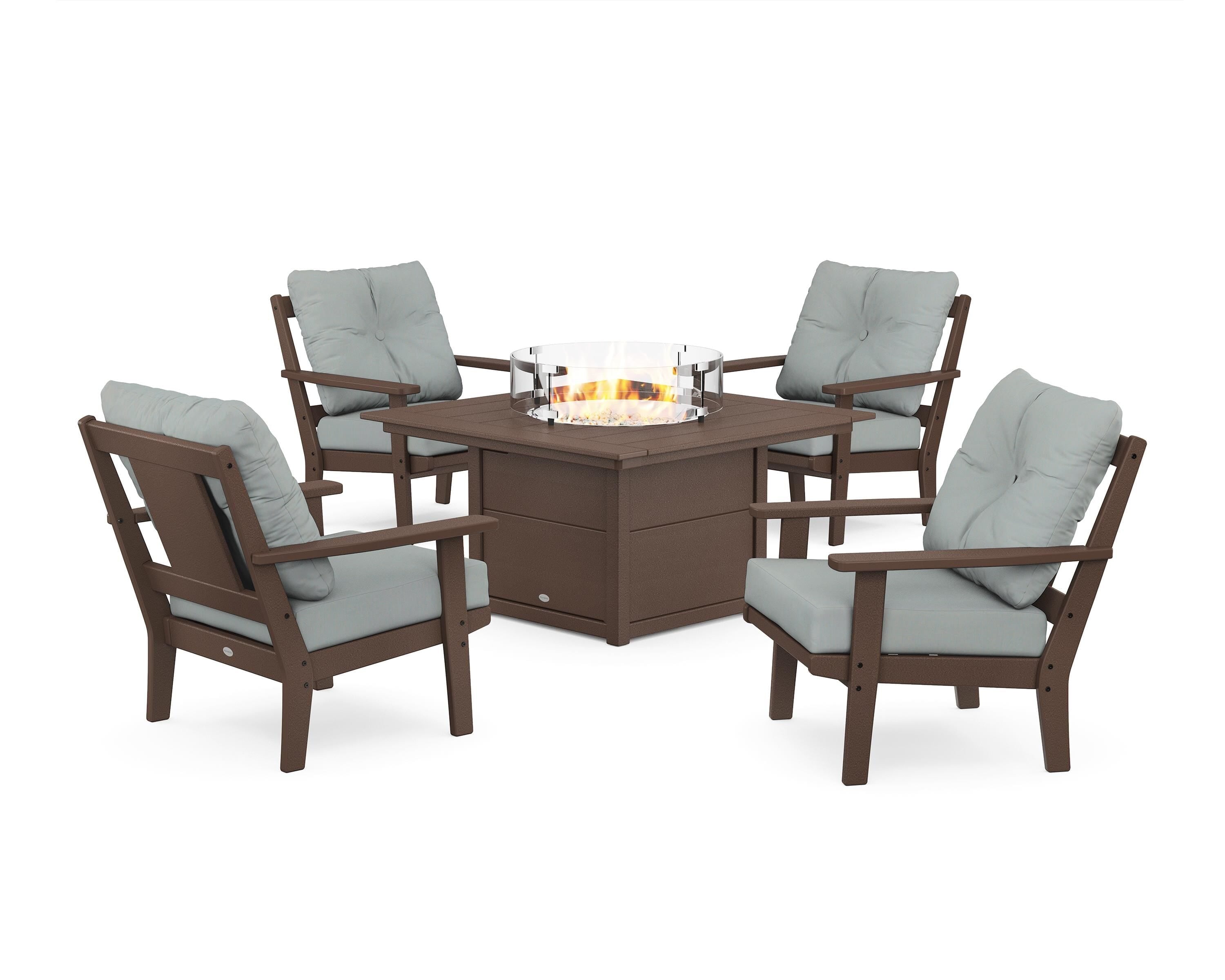 POLYWOOD® Prairie 5-Piece Deep Seating Set with Fire Pit Table in Mahogany / Spa