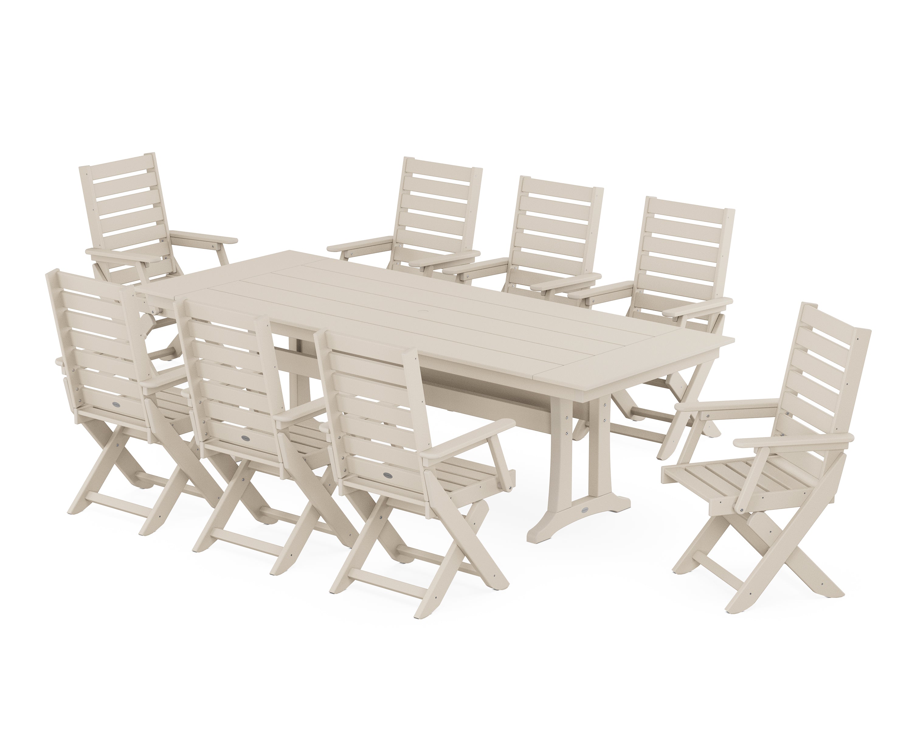 POLYWOOD® Captain 9-Piece Farmhouse Dining Set with Trestle Legs in Sand
