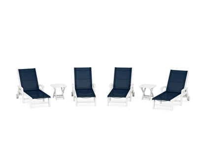 POLYWOOD® Coastal Chaise 6-Piece Set with Wheels in White / Navy Blue Sling