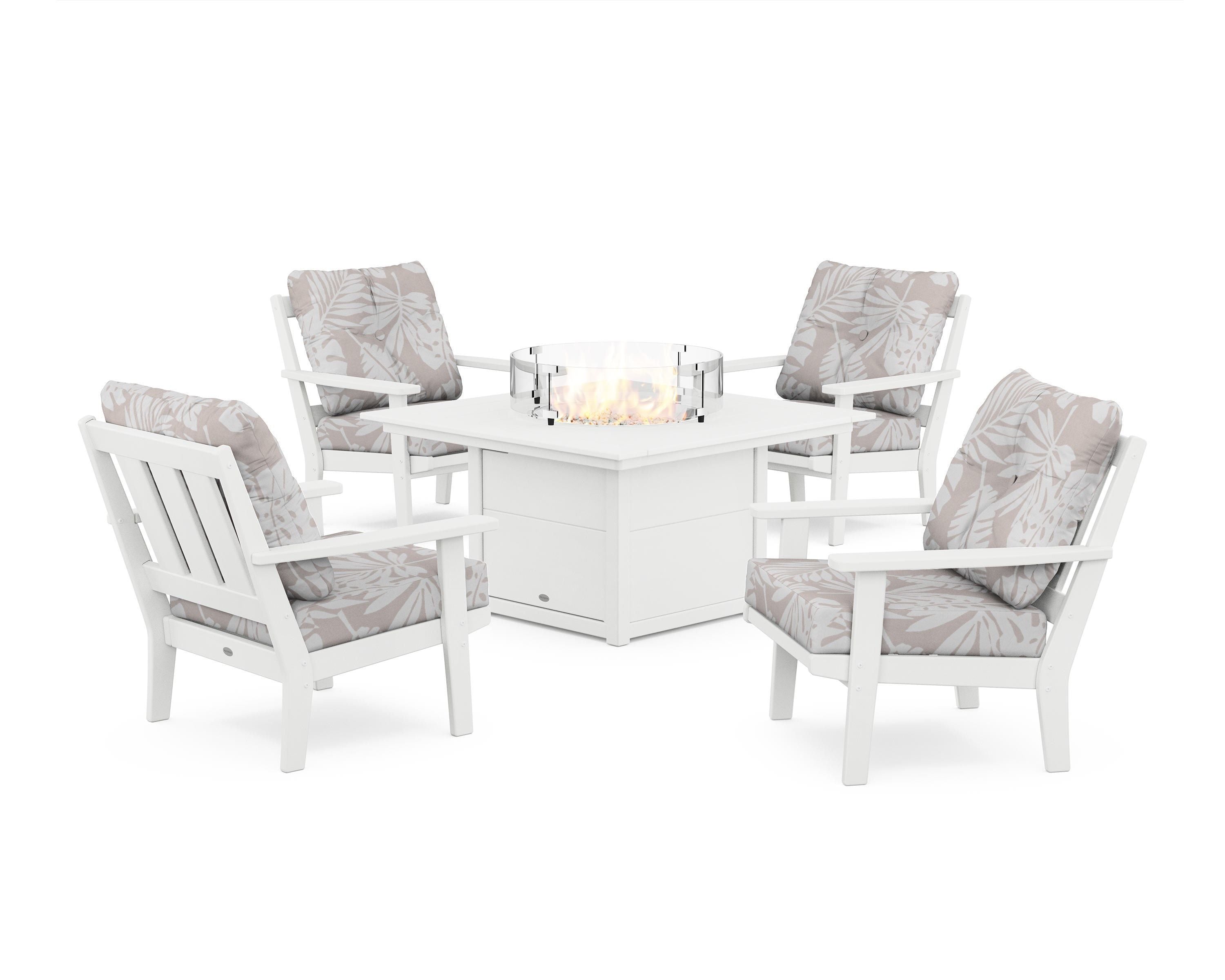 POLYWOOD® Oxford 5-Piece Deep Seating Set with Fire Pit Table in White / Leaf Dune Burlap